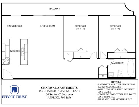 A floor plan for a 4 bedroom apartment with details about the building.